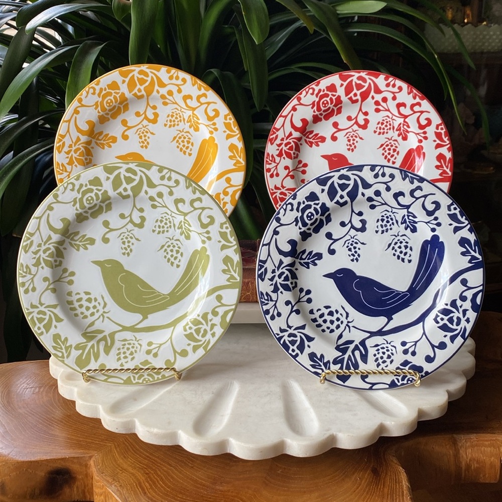 Set of 4 Pier 1 Stoneware Plates - Bird + Floral - Mixmatching Dish Set